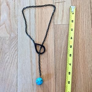 Necklace lariat style, metal chain, wood and turquoise, 20 inch total length